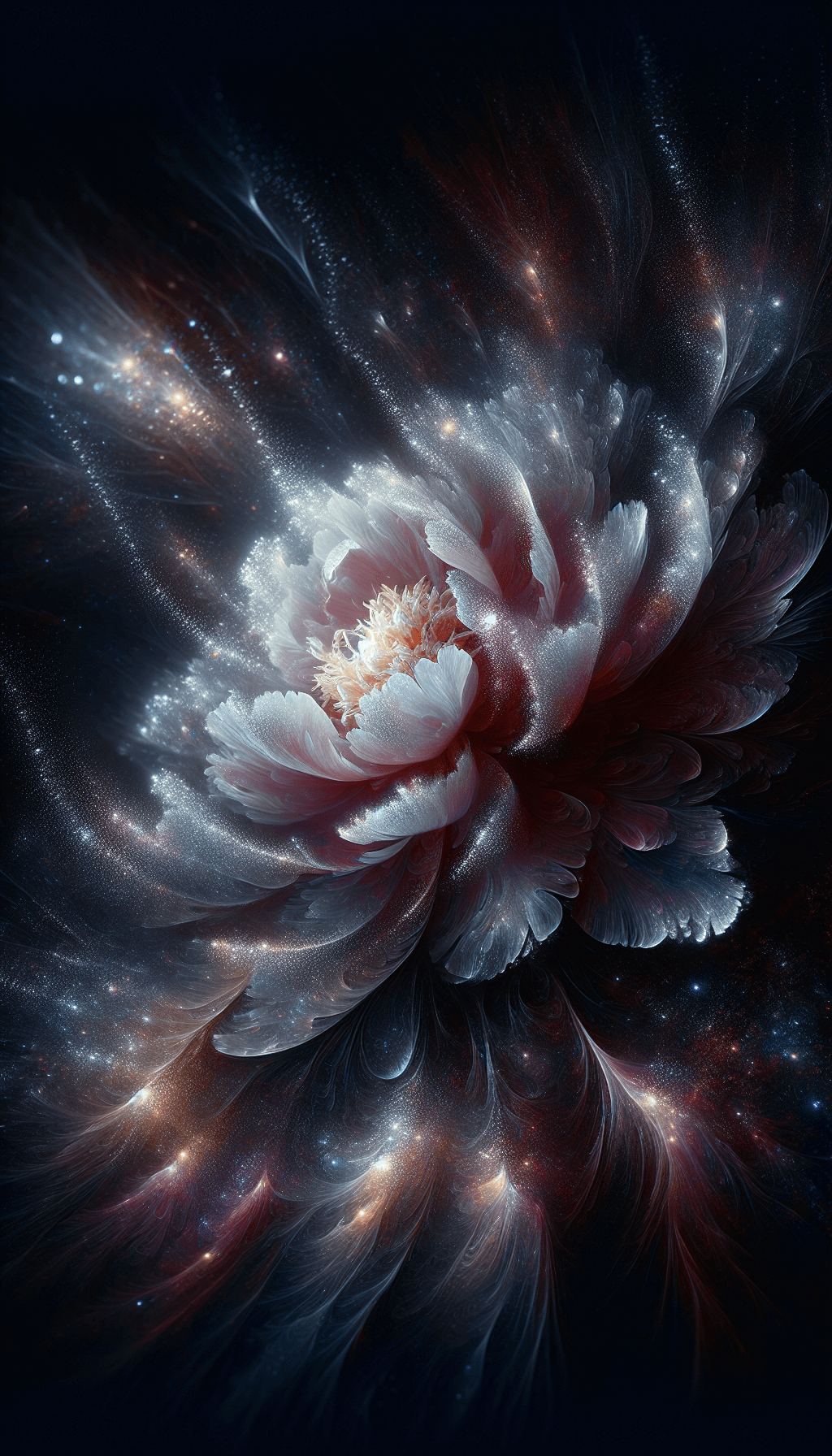 Flores de peonía que brillan en la oscuridad con fondo borroso.