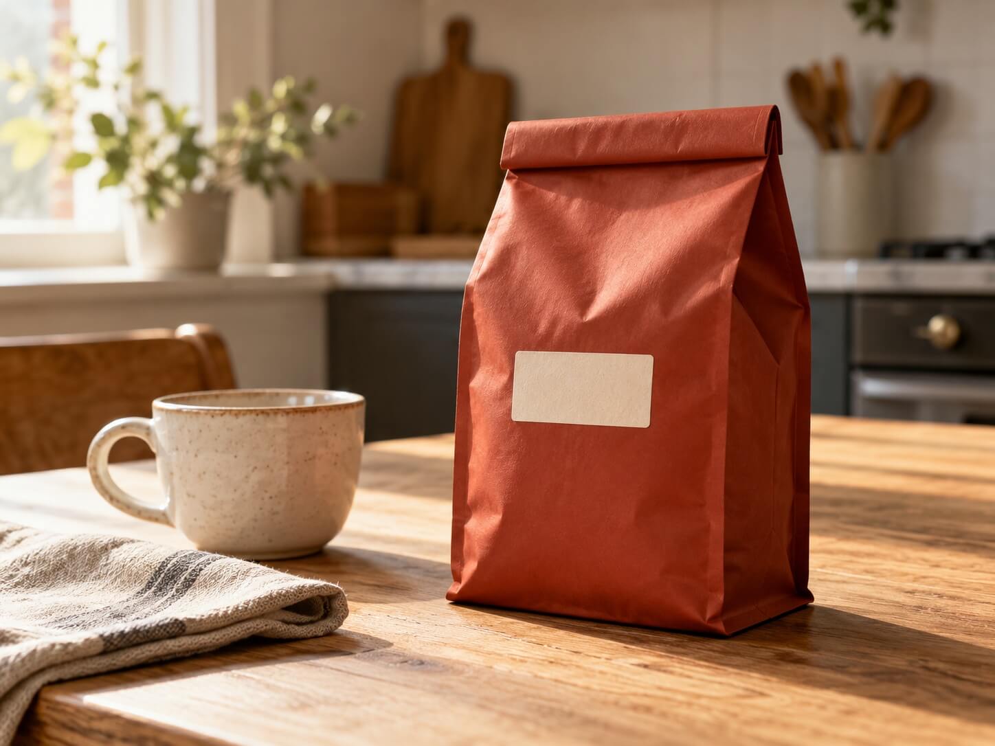 Rust-red coffee bag on an oak breakfast table beside a ceramic cup and linen napkin