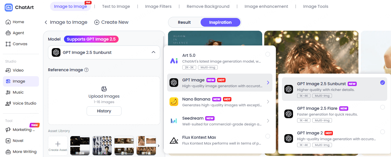 ChatArt Image to Image interface for choosing an AI image model