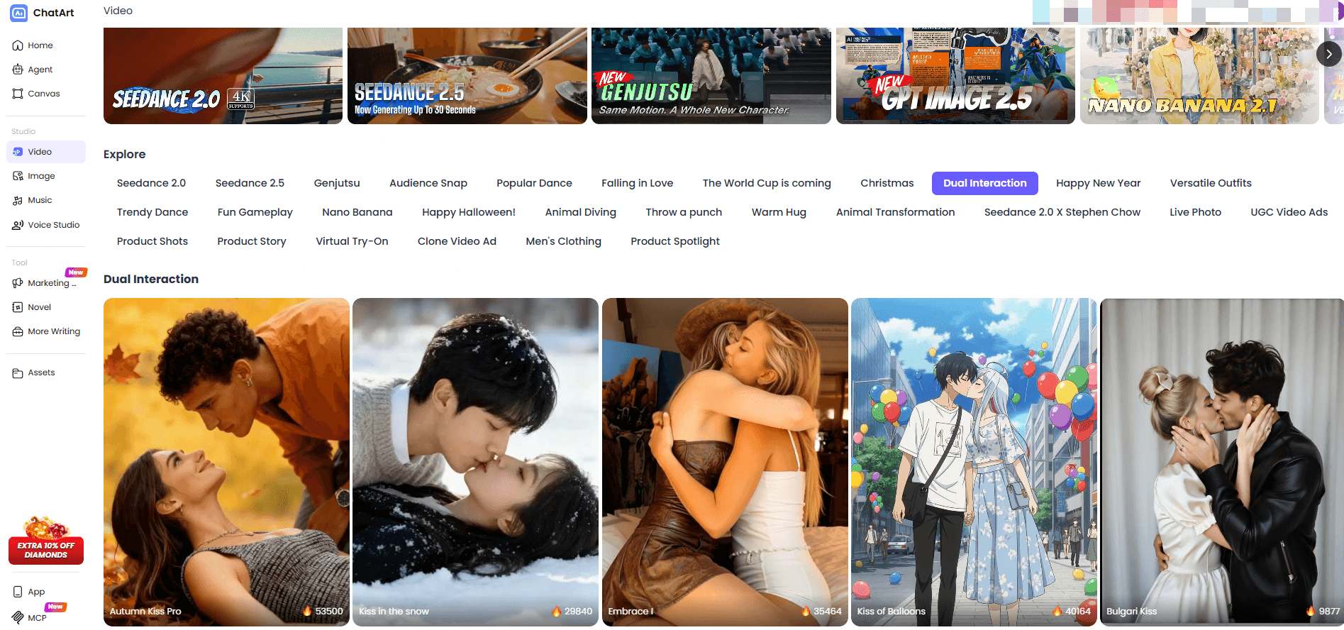 ChatArt Dual Interaction templates for AI couple videos, including kissing and embracing effects