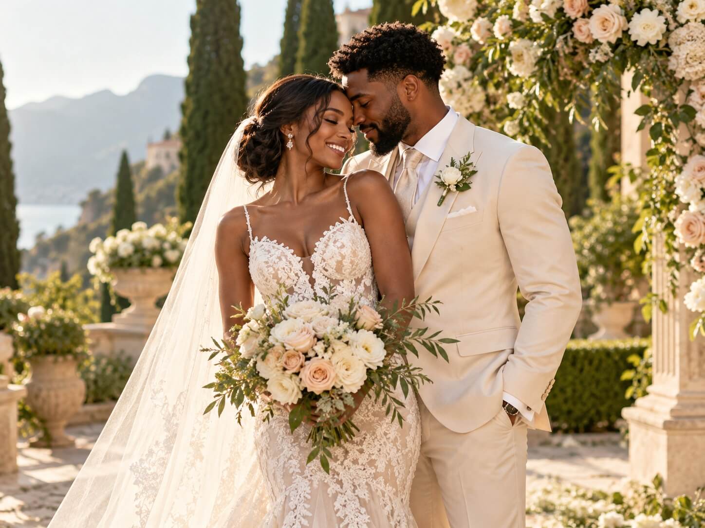 Elegant AI wedding couple portrait in a sunny garden with flowers