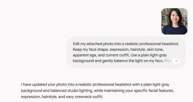 Gemini conversation showing the uploaded reference photo and the beginning of the headshot editing prompt.