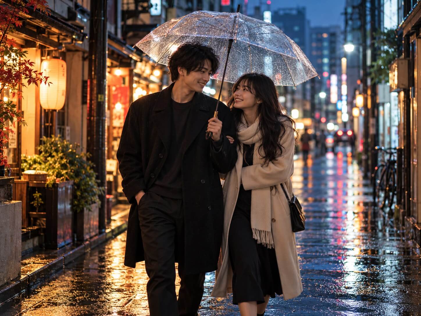 Romantic AI couple walking under a transparent umbrella in the rain