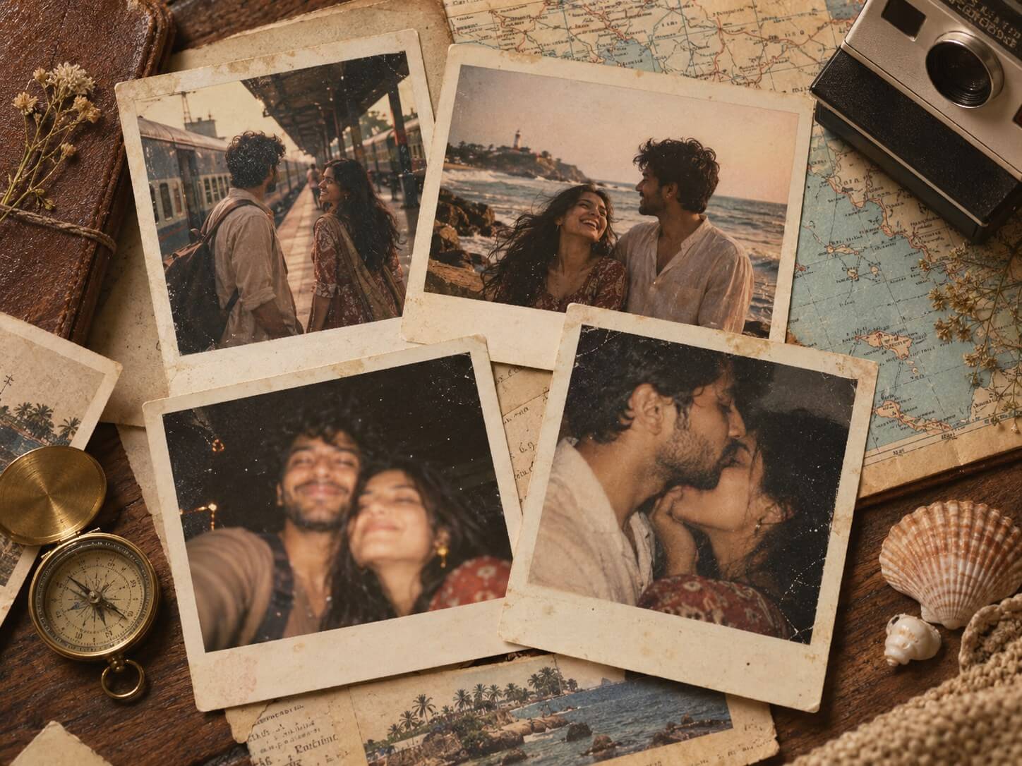 Vintage Polaroid travel photo collage featuring a romantic couple