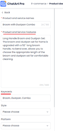 product description generator feature keywords