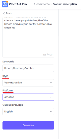 product description generator style