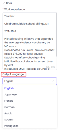 resume generator tool language