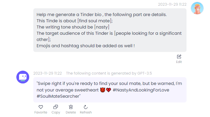 tinder bio generator example