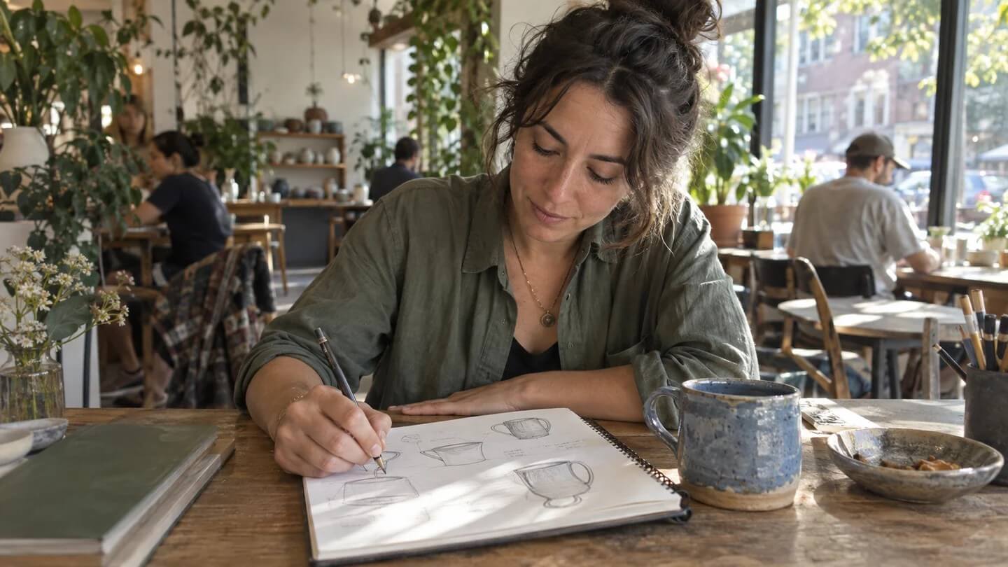 Candid café photograph of a ceramic artist sketching a mug