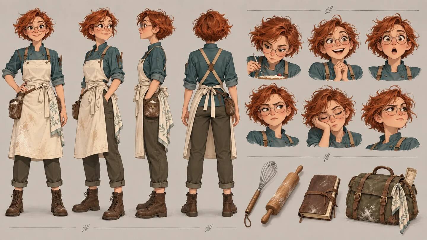 Consistent pastry chef character design sheet with poses and expressions