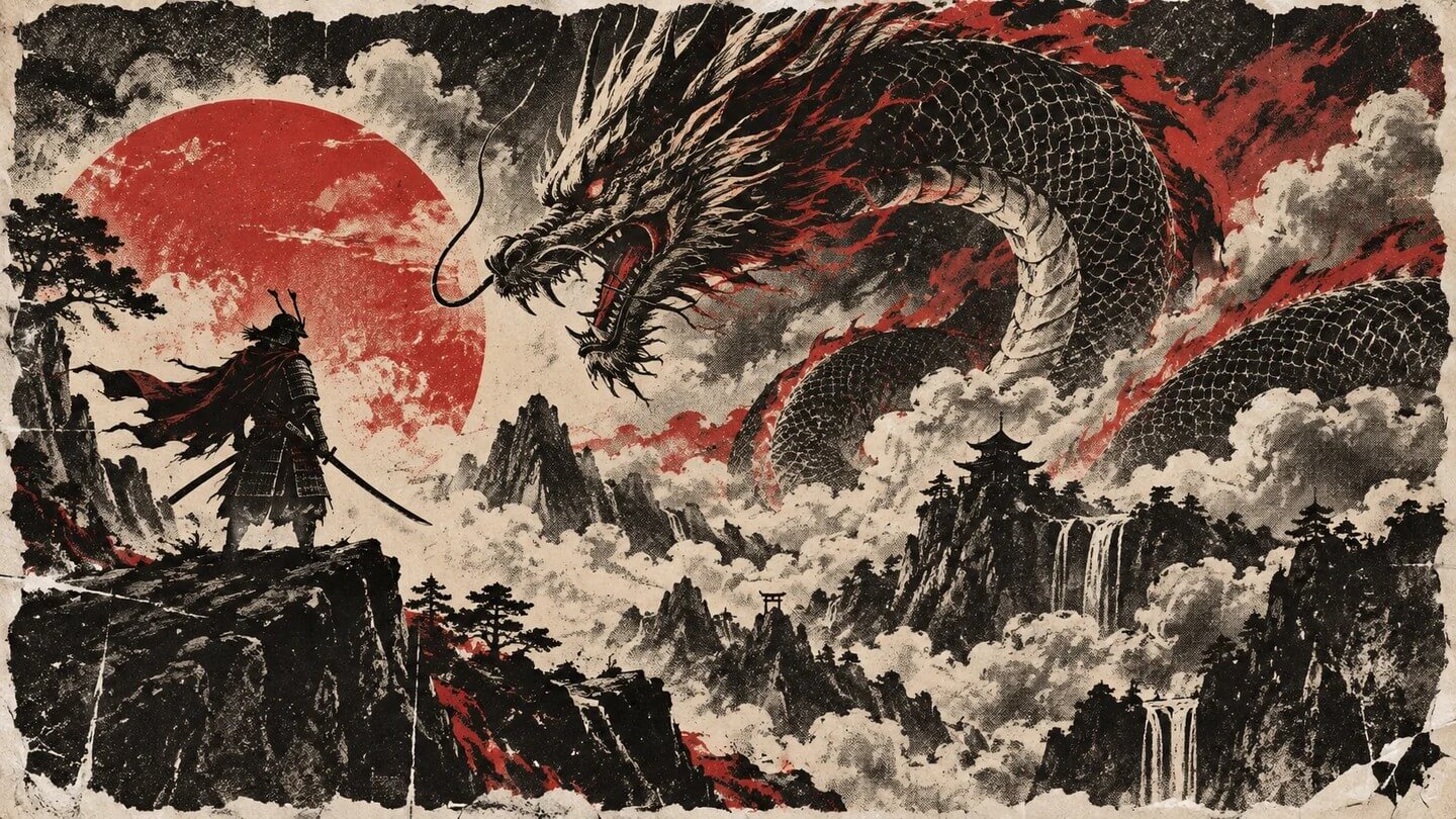 Red and black Xerox-style dragon and samurai poster