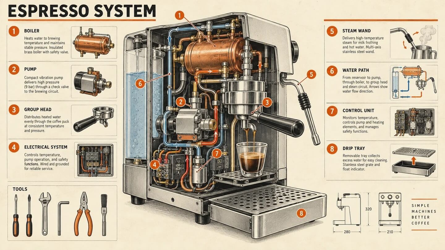 Vintage cutaway service manual for an espresso machine