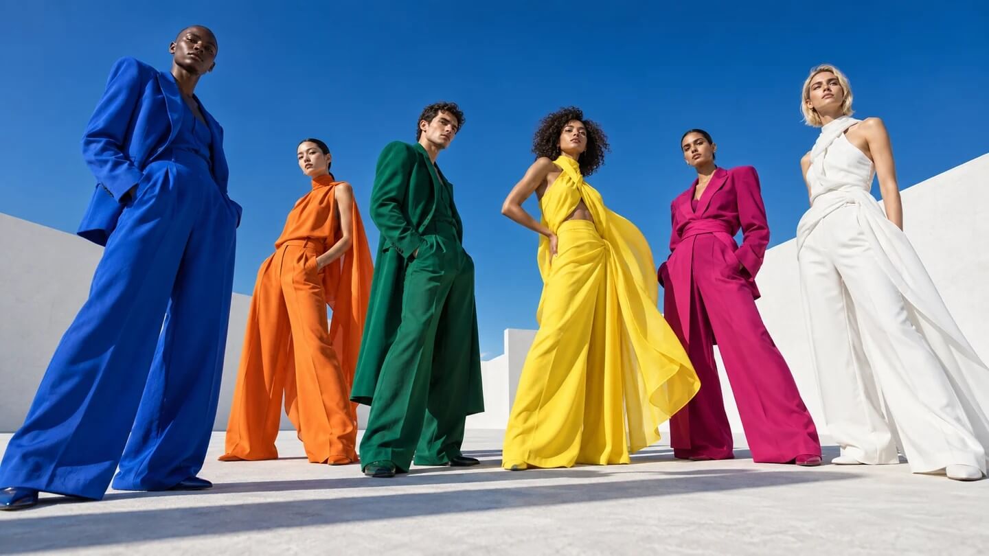 Color-block editorial fashion campaign viewed from a low angle