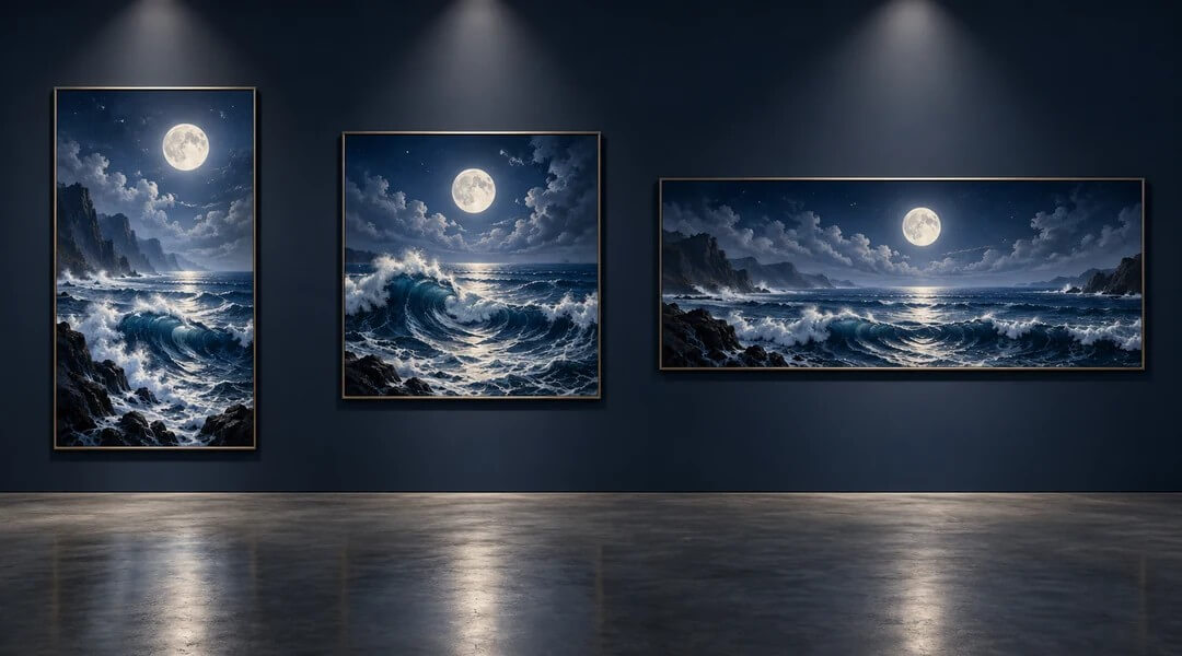 One seascape adapted to portrait, square, and panoramic formats