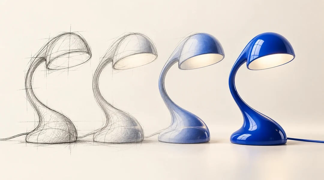 A desk lamp evolving from a pencil sketch into a finished product render