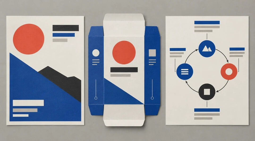 A structured poster, packaging, and infographic layout without readable text