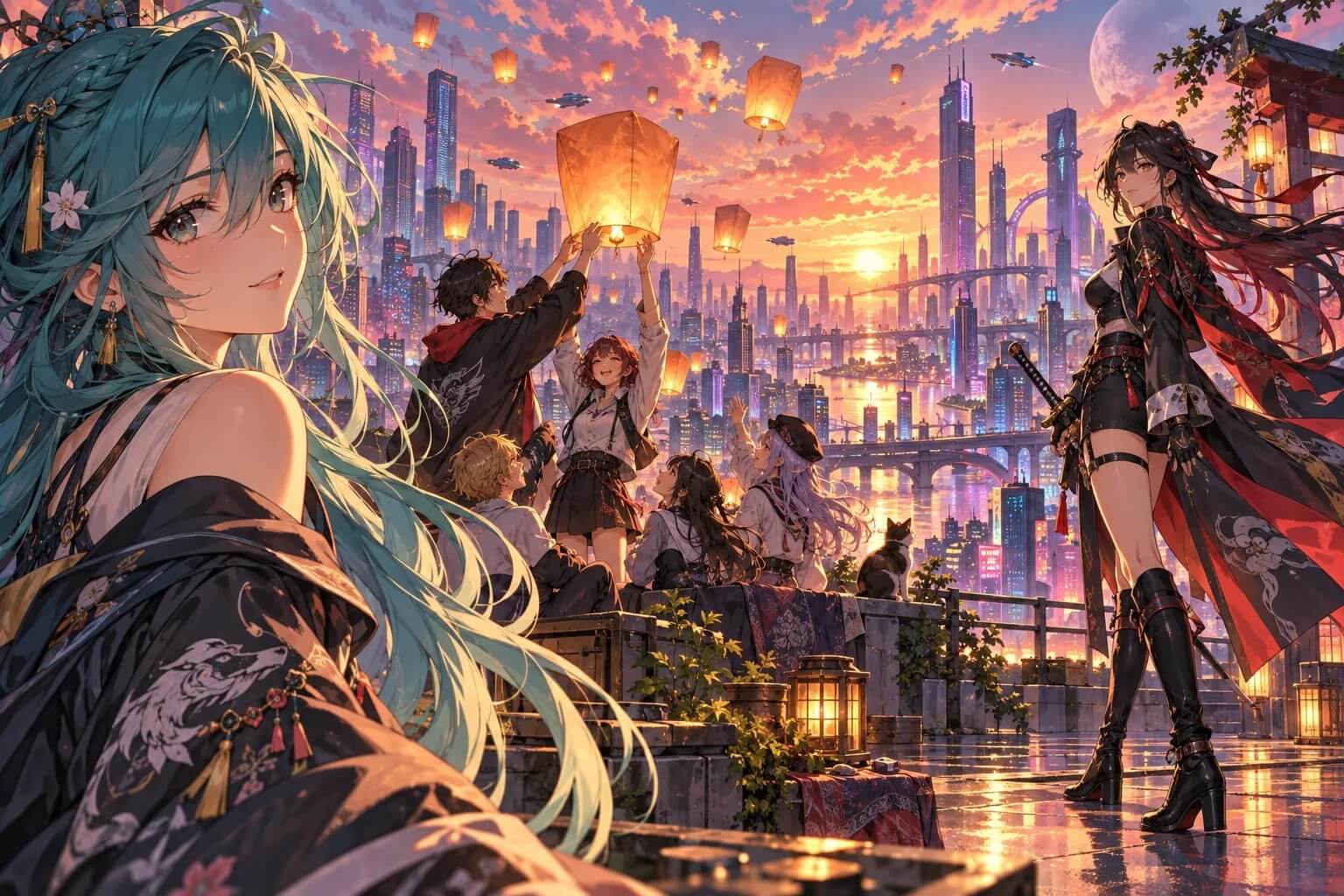 Anime character and city illustration