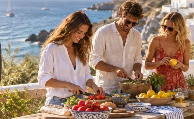 Friends preparing a Mediterranean lunch