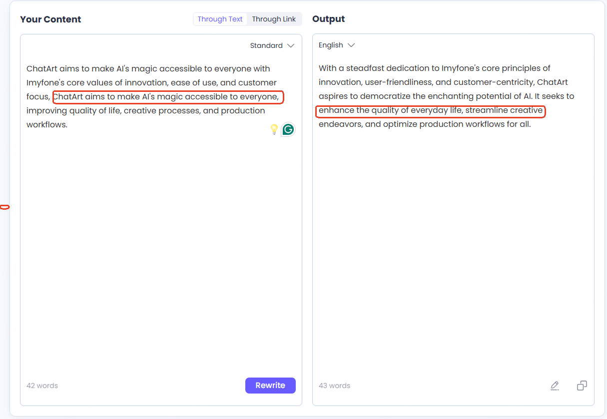 Feature of AI sentence rewirter