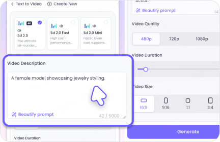 Choose AI video model and ratio