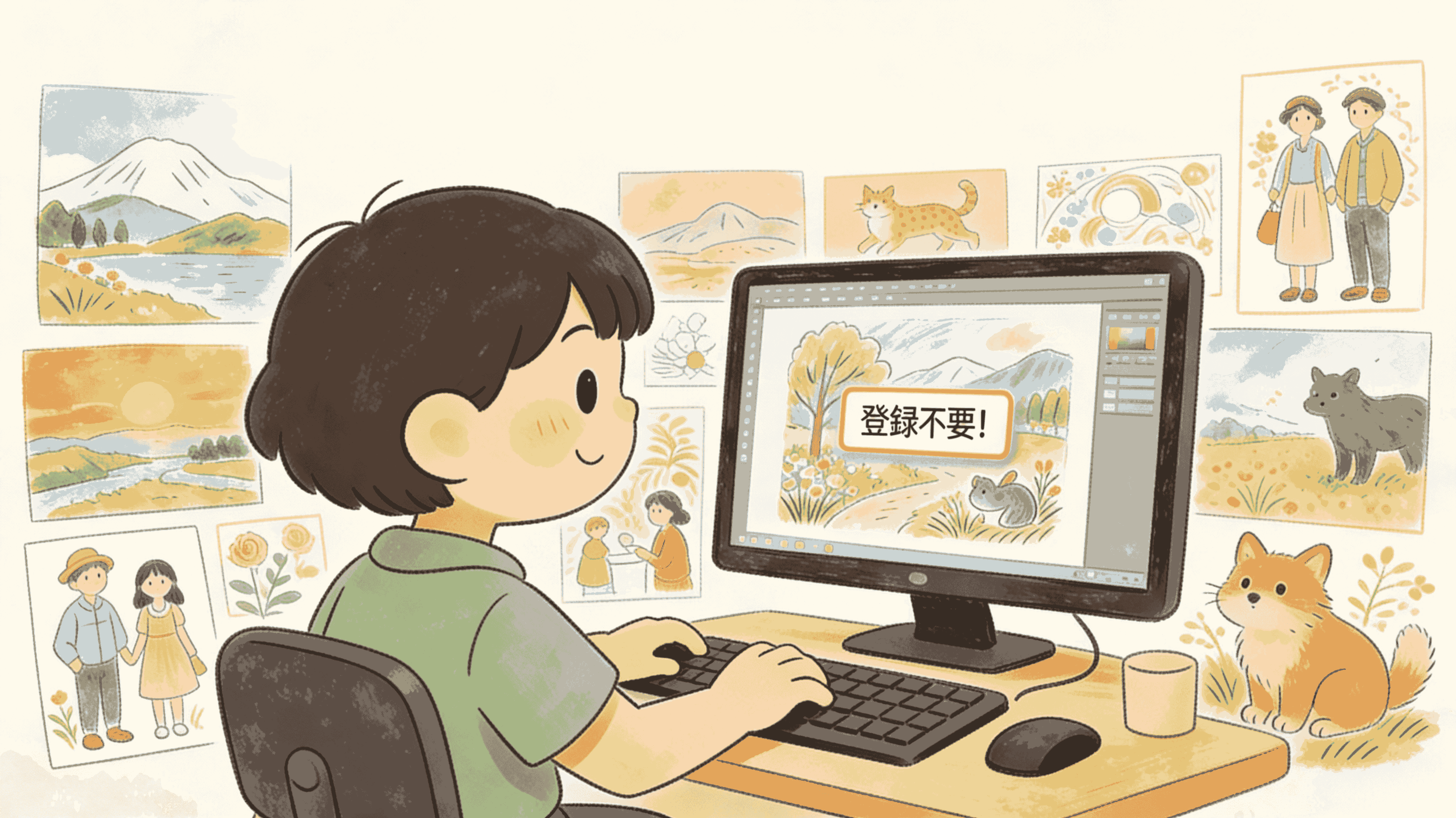 登録不要で高品質なAIイラストを生成するイメージ