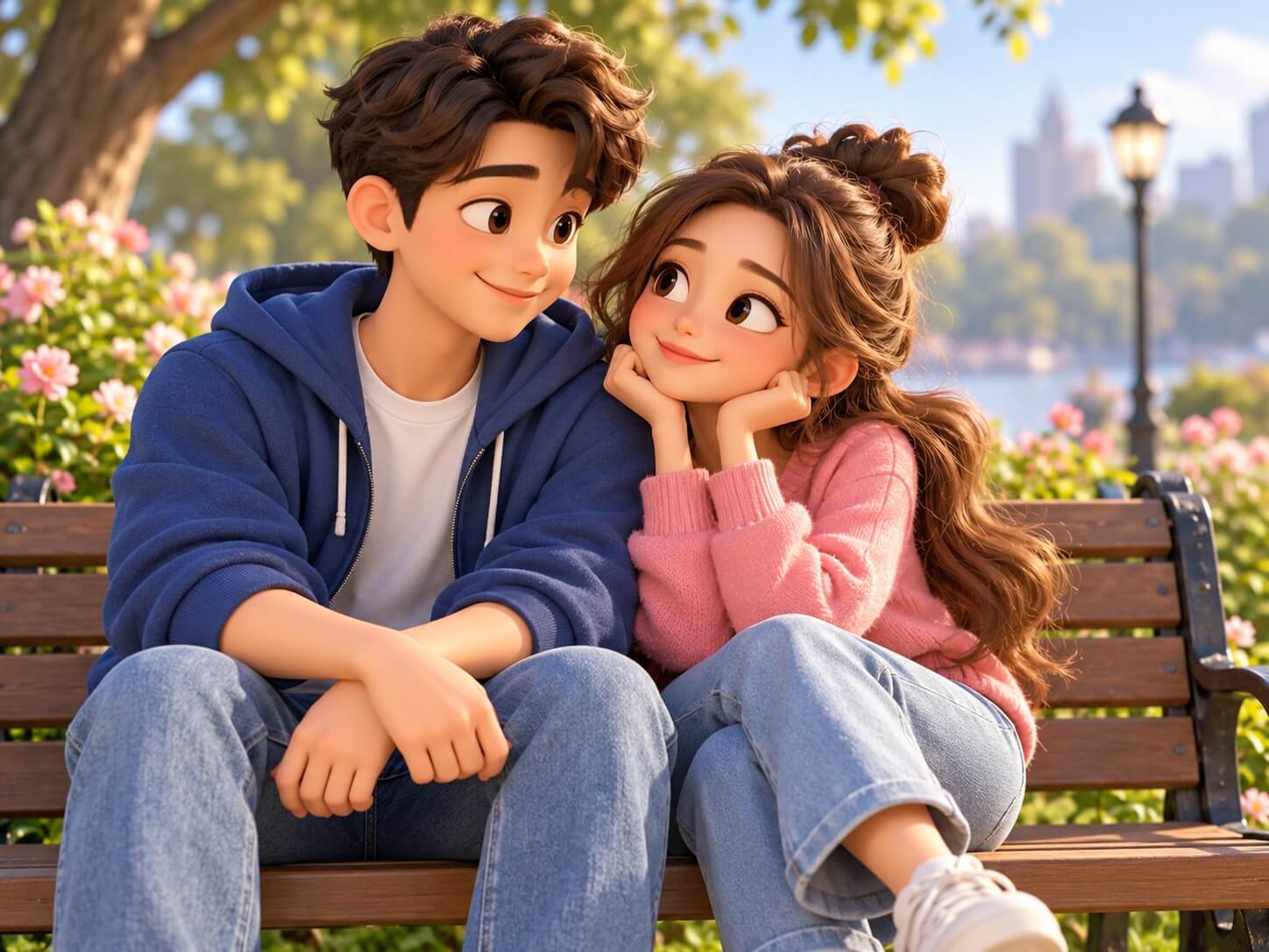 公園のベンチで仲良く座るカップルのかわいい3Dアニメ風イラスト