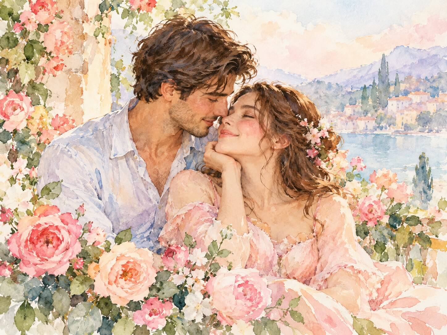ピンクの花に囲まれて寄り添うカップルの淡い水彩画風イラスト