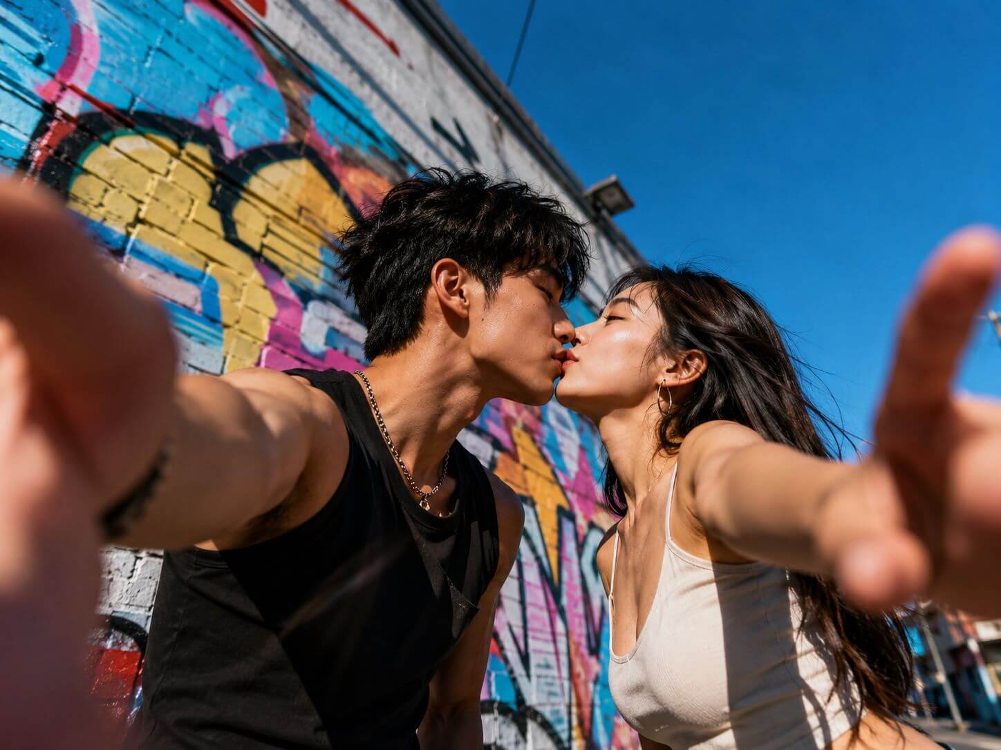 グラフィティウォール前で超広角セルフィーキスをするカップル