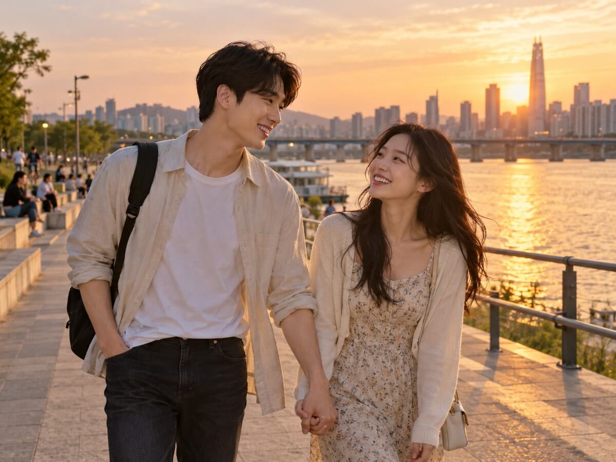 한강 노을 아래 손을 잡고 걷는 커플의 AI 사진 예시