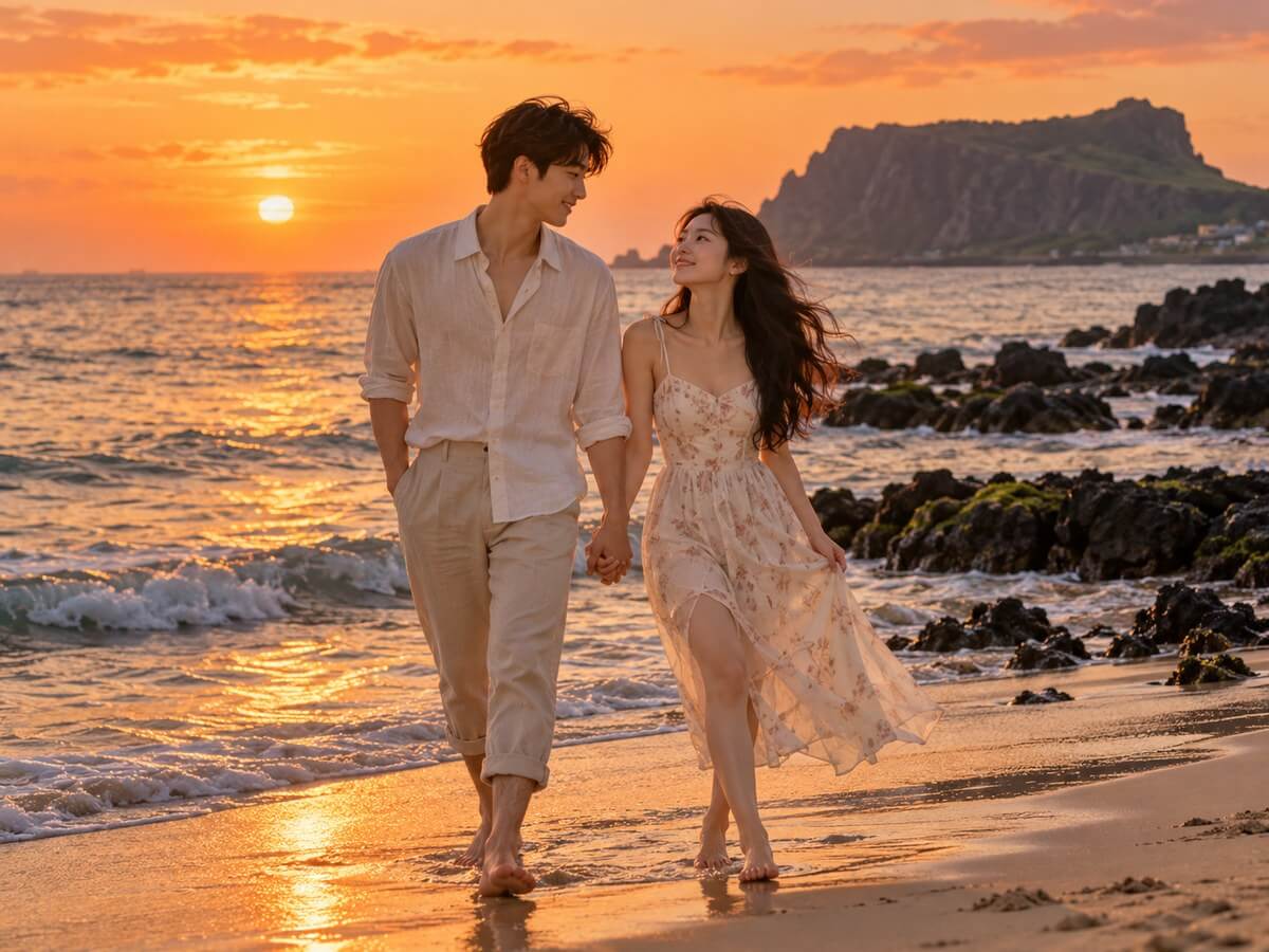 제주 바다 노을을 배경으로 걷는 커플의 AI 사진 예시