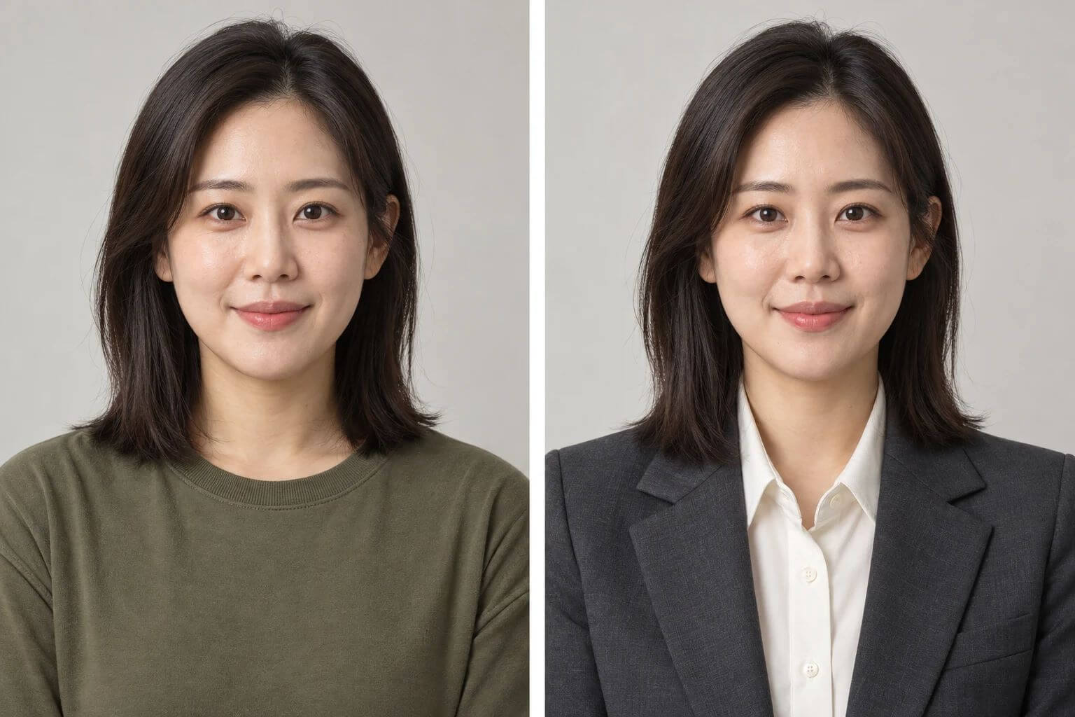 편안한 상의와 짙은 회색 재킷 차림을 나란히 보여 주는 프로필 스타일 예시