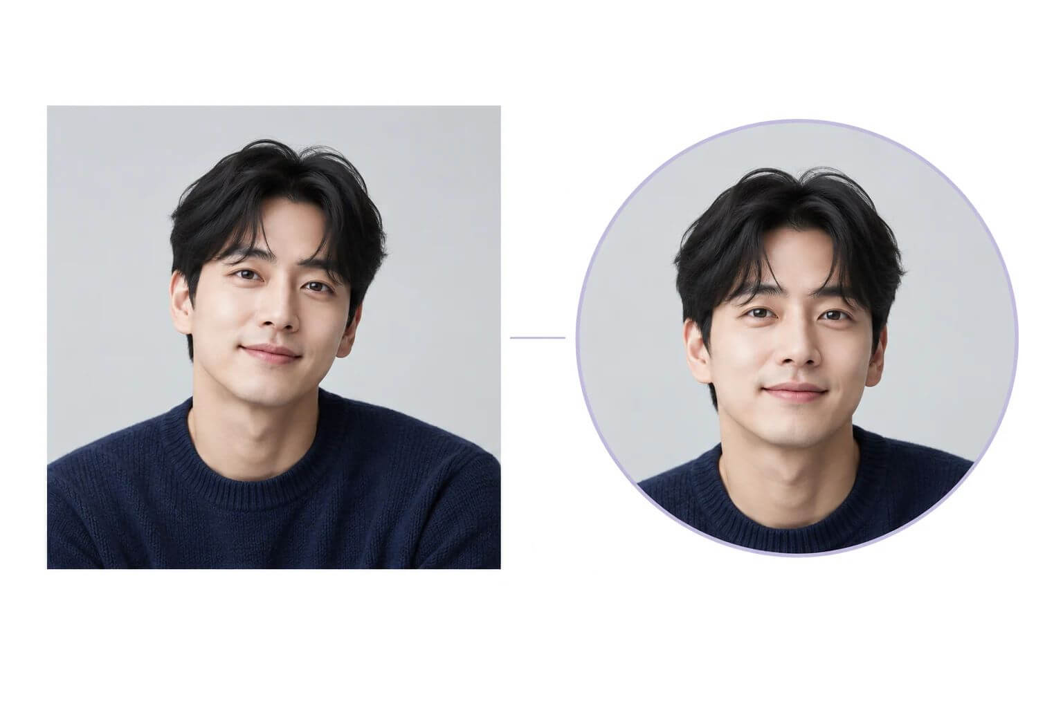 같은 인물 사진을 정사각형과 원형으로 배치해 머리 주변 여백을 비교한 예시