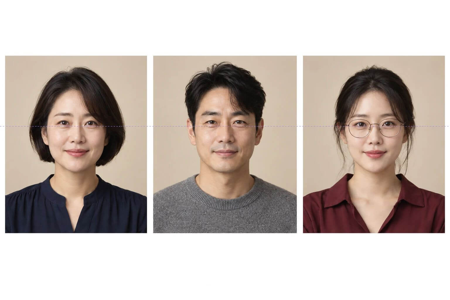 배경색과 눈높이를 맞춘 세 사람의 회사 소개용 프로필 예시