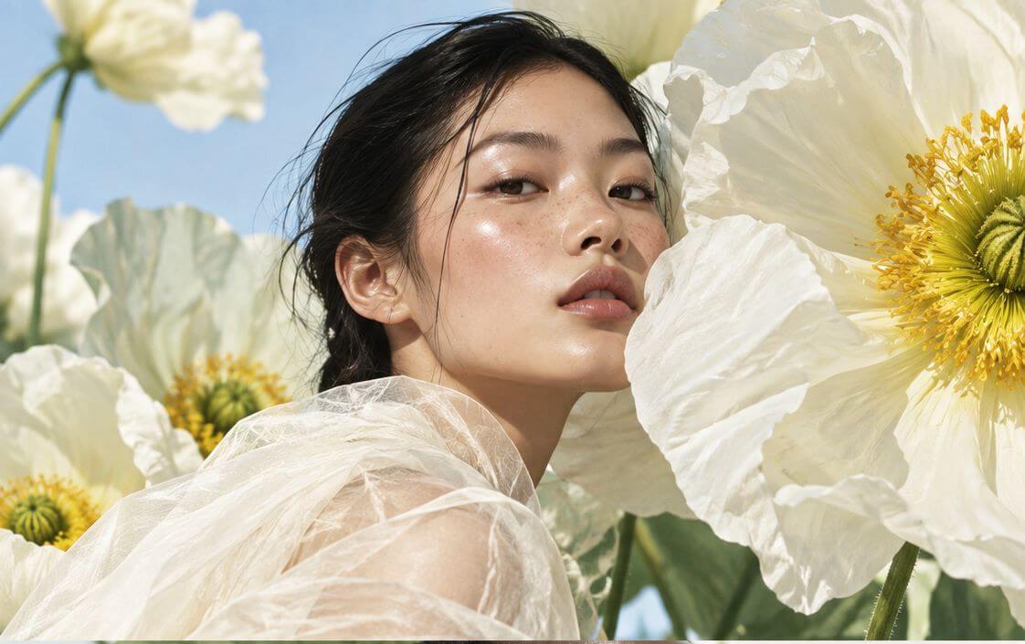 배경을 바꾸기 전 흰 꽃과 함께 촬영된 참고 인물 사진