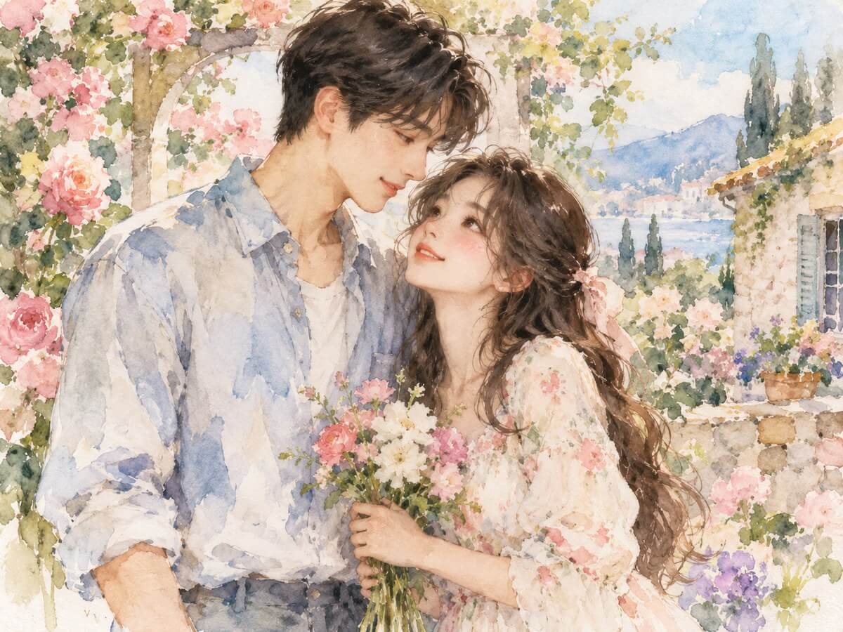 꽃이 핀 정원 속 수채화 스타일 커플 초상화 예시
