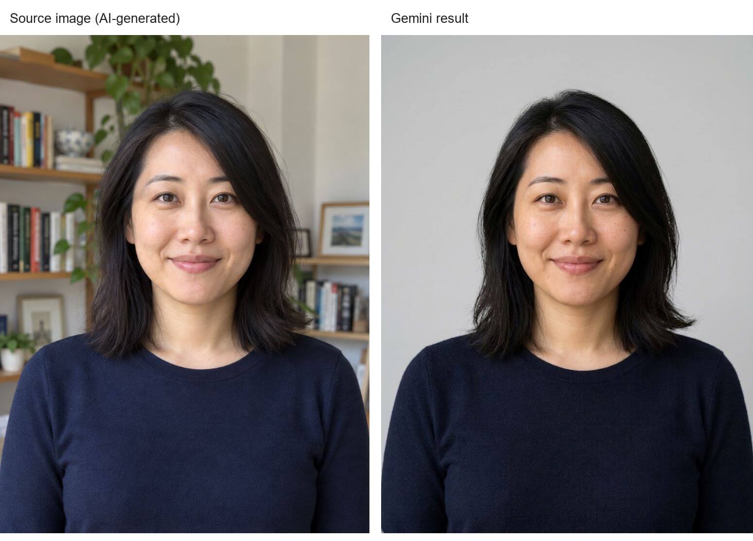 左側為合成人像原圖，右側為 Gemini 換成素色背景後的結果