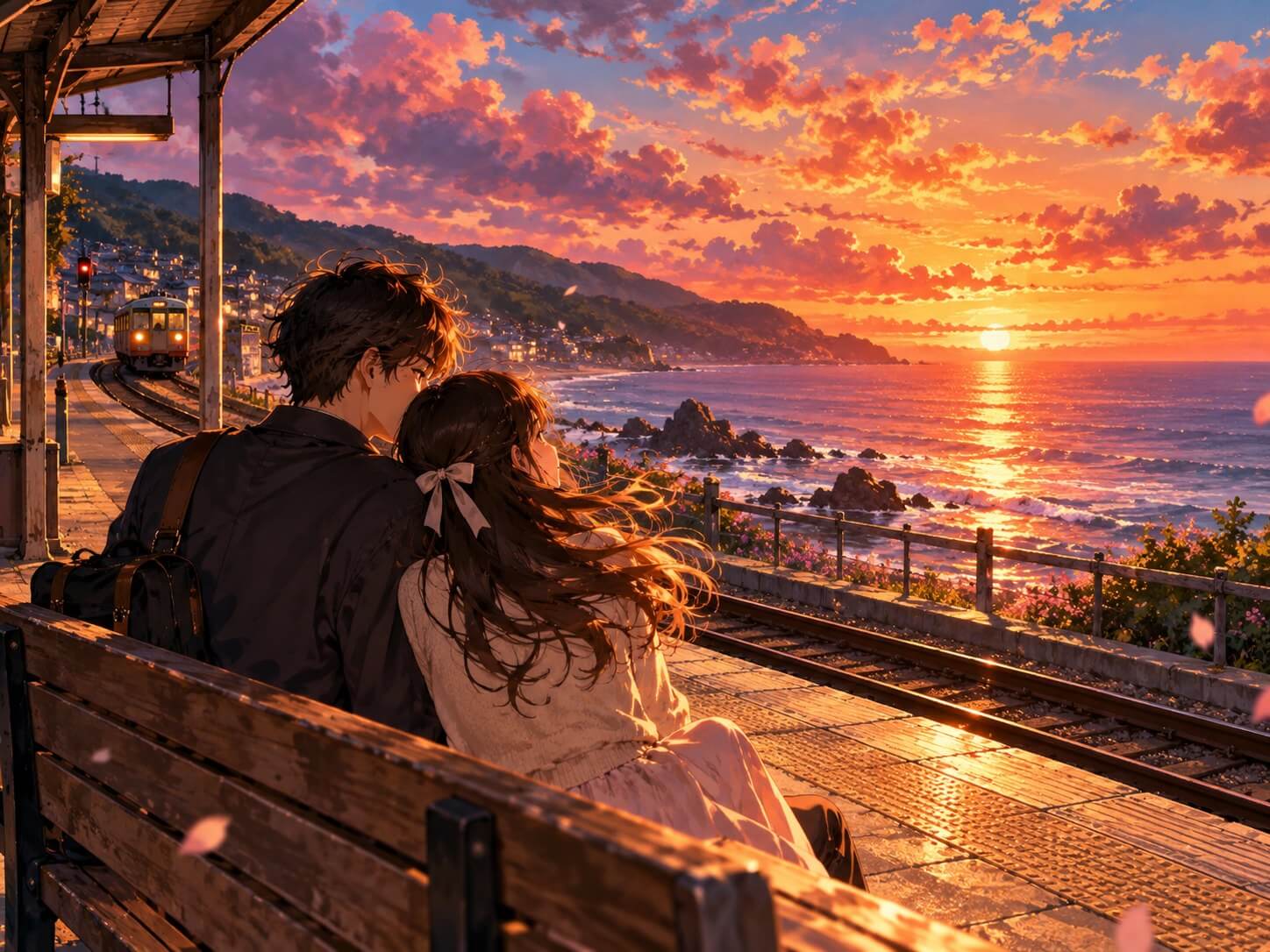 日系動畫風情侶在海邊車站欣賞夕陽