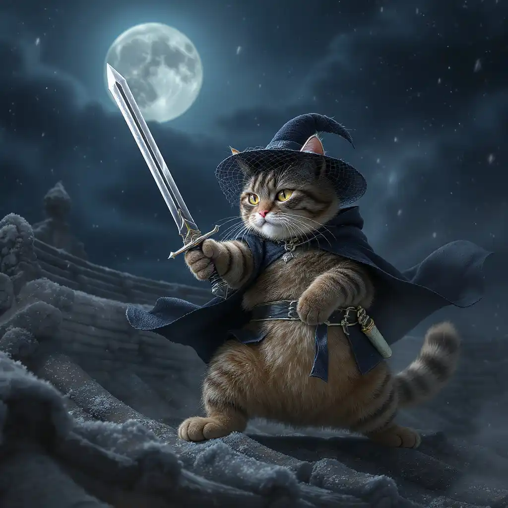 Orange cat dressed as a knight on a moonlit roof