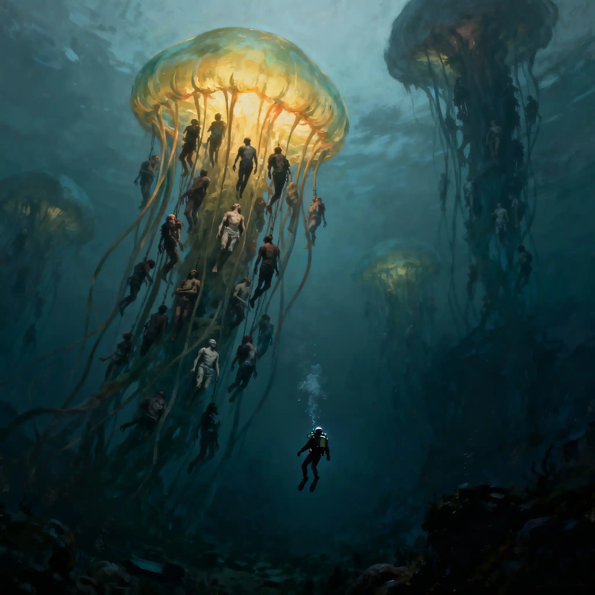 Diver surrounded by glowing jellyfish