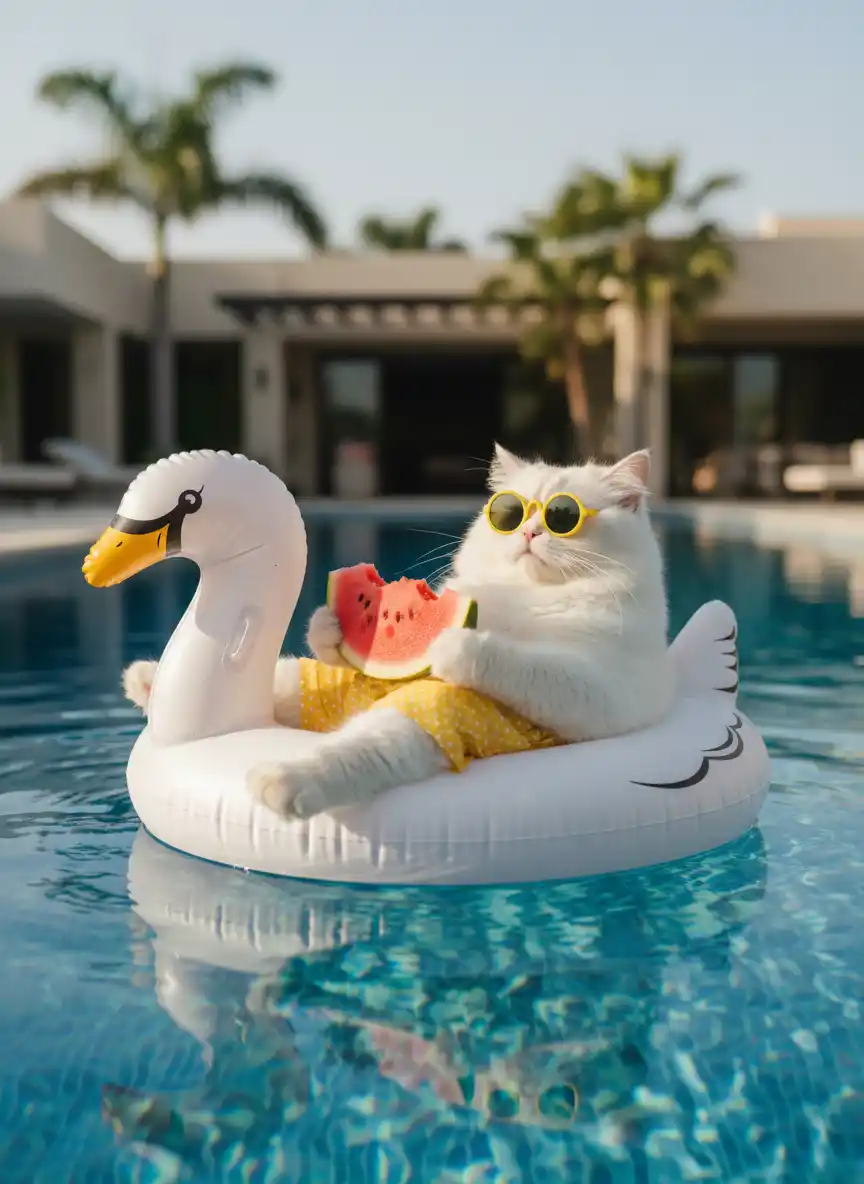 White cat floating in a swimming pool