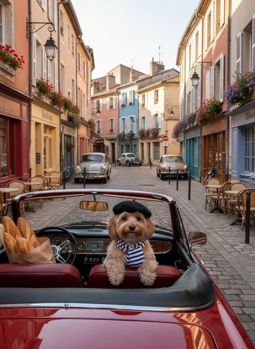 Maltese dog driving a red convertible