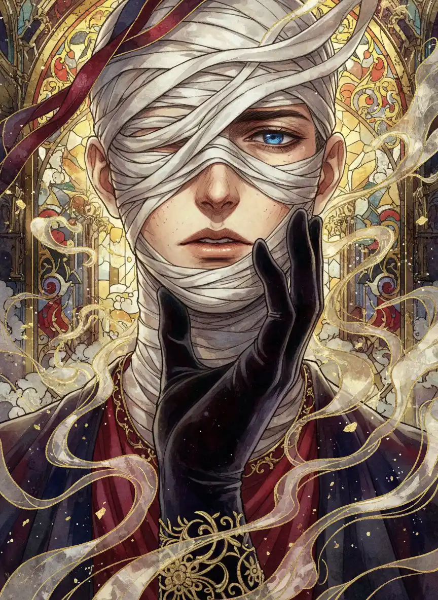 Dreamy gauze-covered male portrait